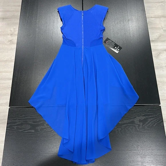 Bebe Blue Raglan Sleeve Basque Peplum Dress with Sheer High-Low